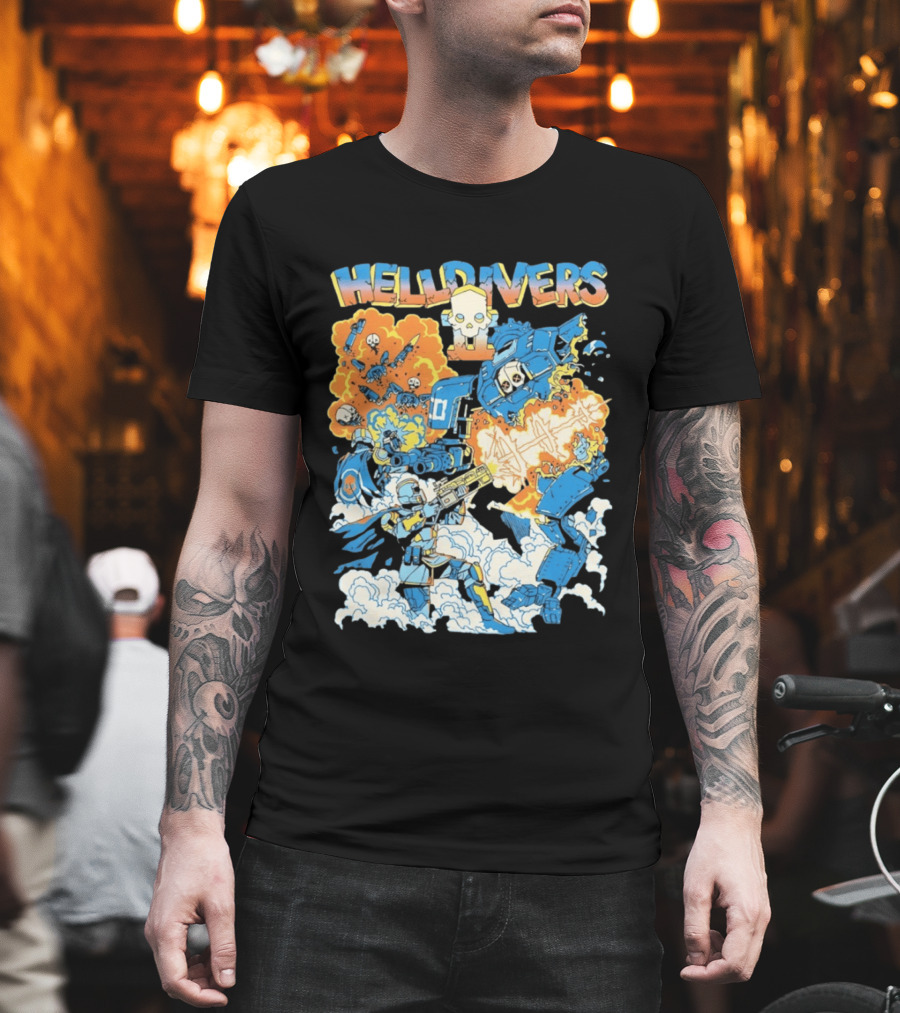 Helldivers Comic Style Explosive Battle Scene Skulls Robots Flames T-Shirt