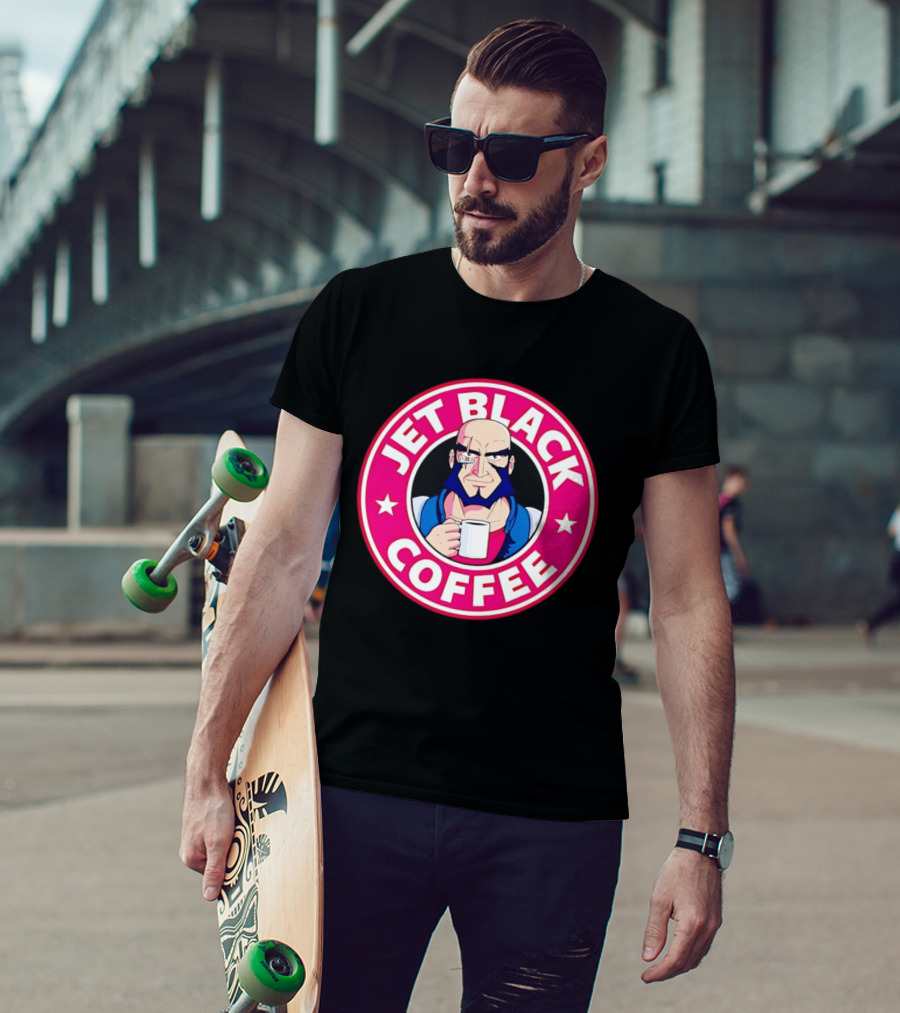 Jet Black Coffee Stern Man Holding T-Shirt