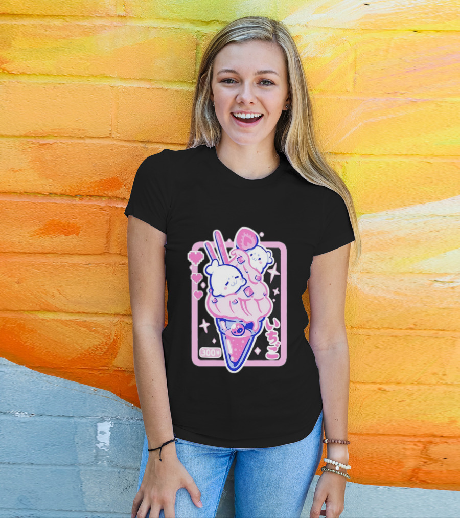Kawaii Strawberry Ice Cream With Seals And 300 Yen Cute Hearts T-Shirt