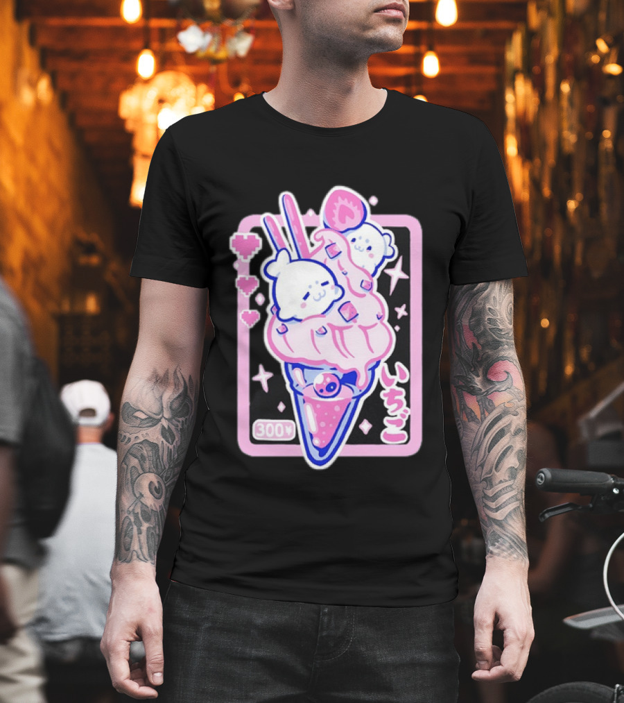 Kawaii Strawberry Ice Cream With Seals And 300 Yen Cute Hearts T-Shirt