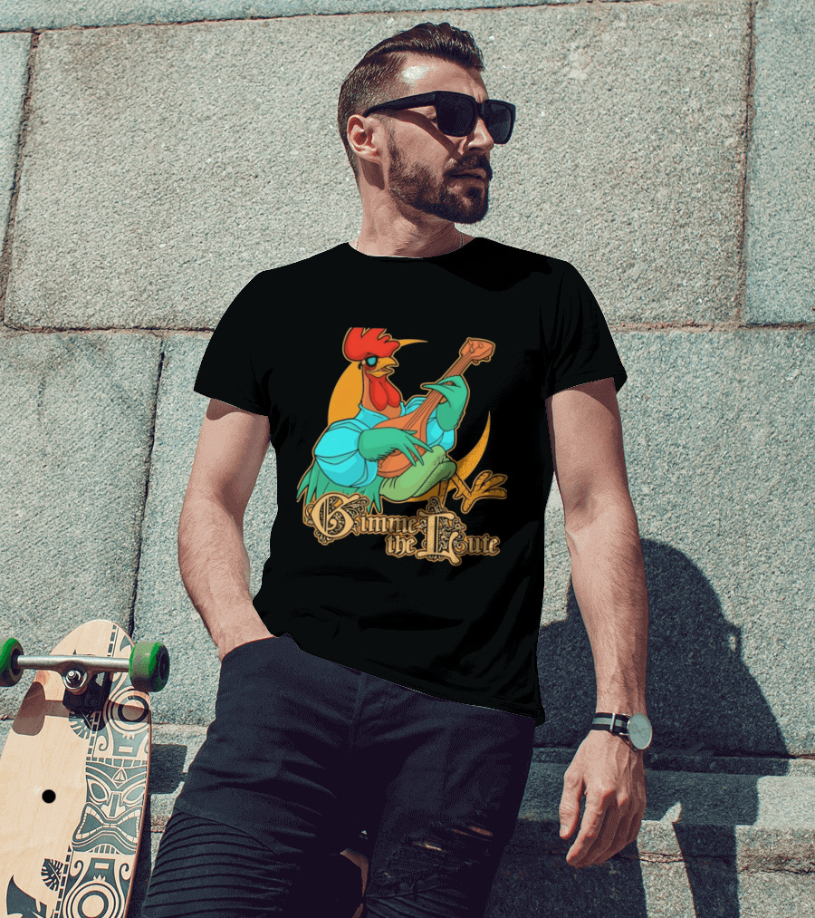 Rooster Musician Gimme The Lute Bard Funny Chicken Playing Instrument T-Shirt