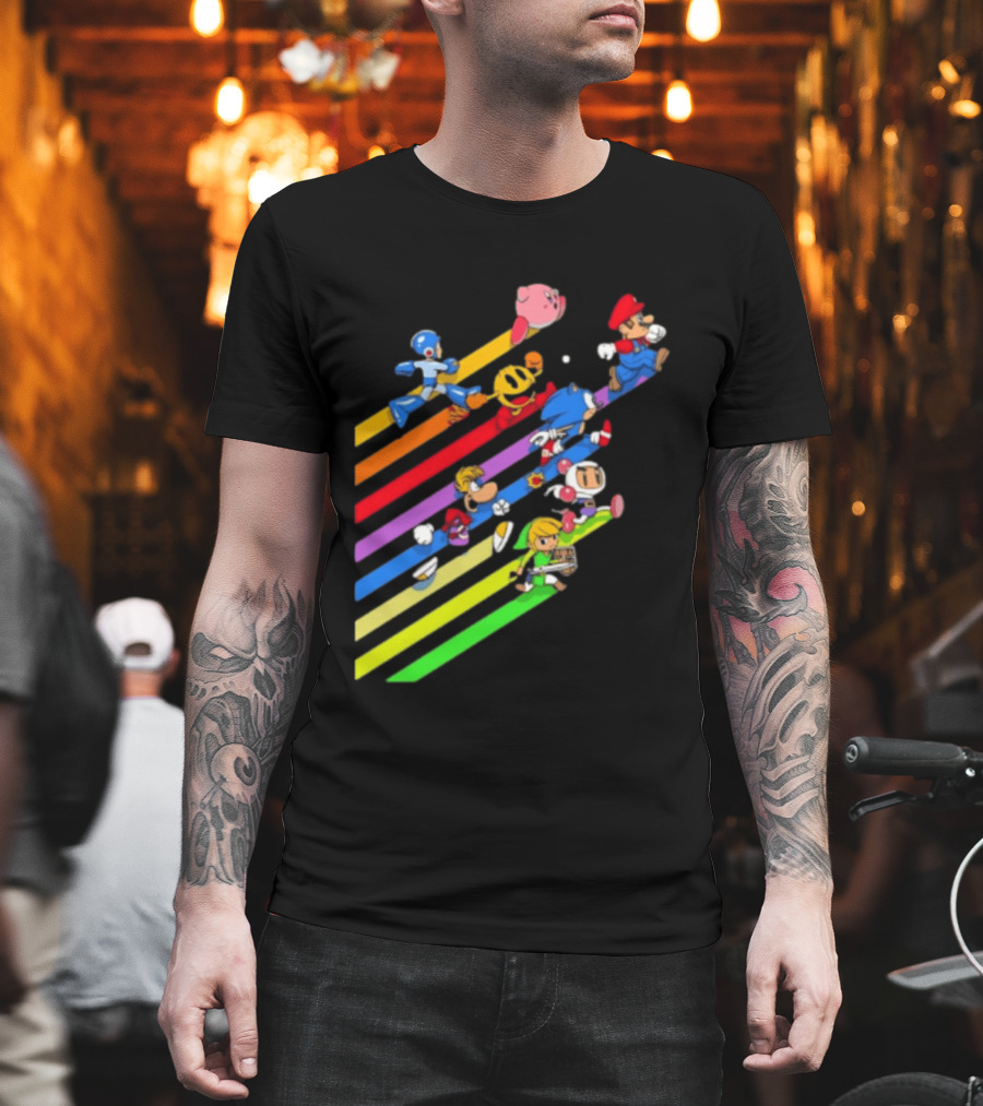 Legends Gaming Mario Pac Man Mega Man Sonic Link Kirby Bomberman Rayman Characters T-Shirt