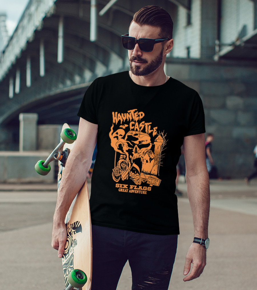 Six Flags Great Adventure Haunted Castle Enter If You Dare Spooky Skeleton And Ghosts T-Shirt