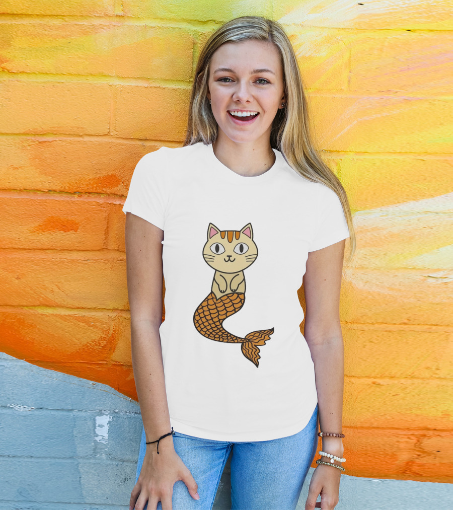 Cat Mermaid Whiskered Feline With Orange Scales T-Shirt