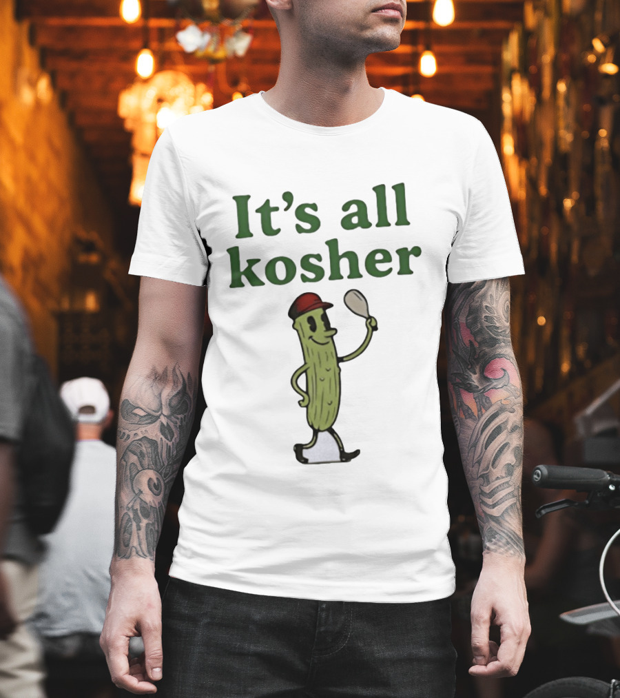 Kosher Pickle Cartoon With Baseball Cap And Spoon T-Shirt