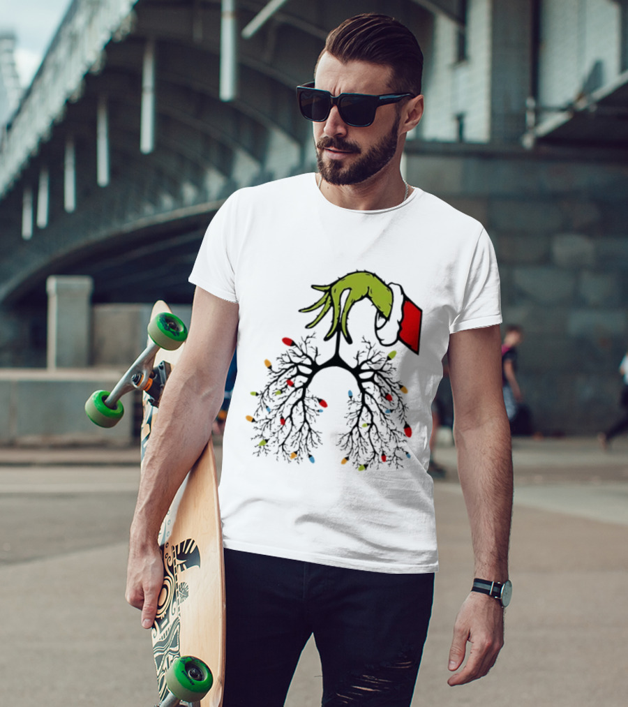 Christmas 2025 Nurse Lungs With Lights And Green Hand Santa Sleeve T-Shirt