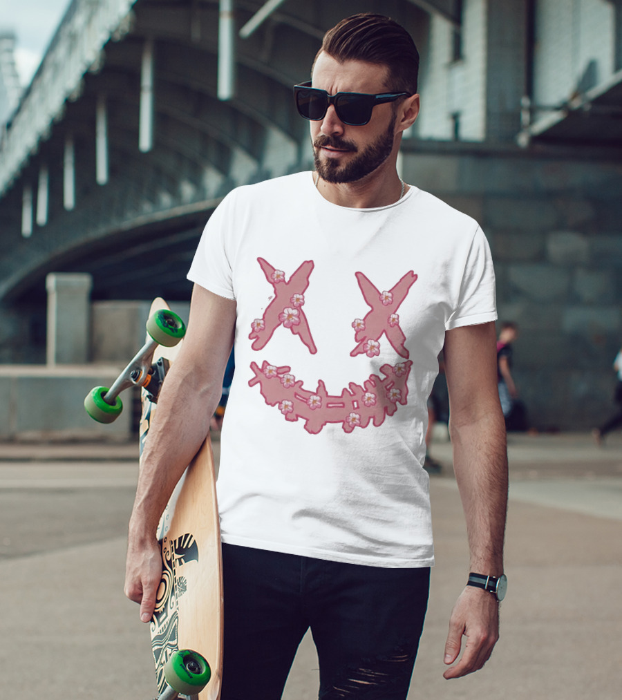 Kaos Ric Ricky Is Clown Sakura Pink Embroidery With Floral X Smiley T-Shirt