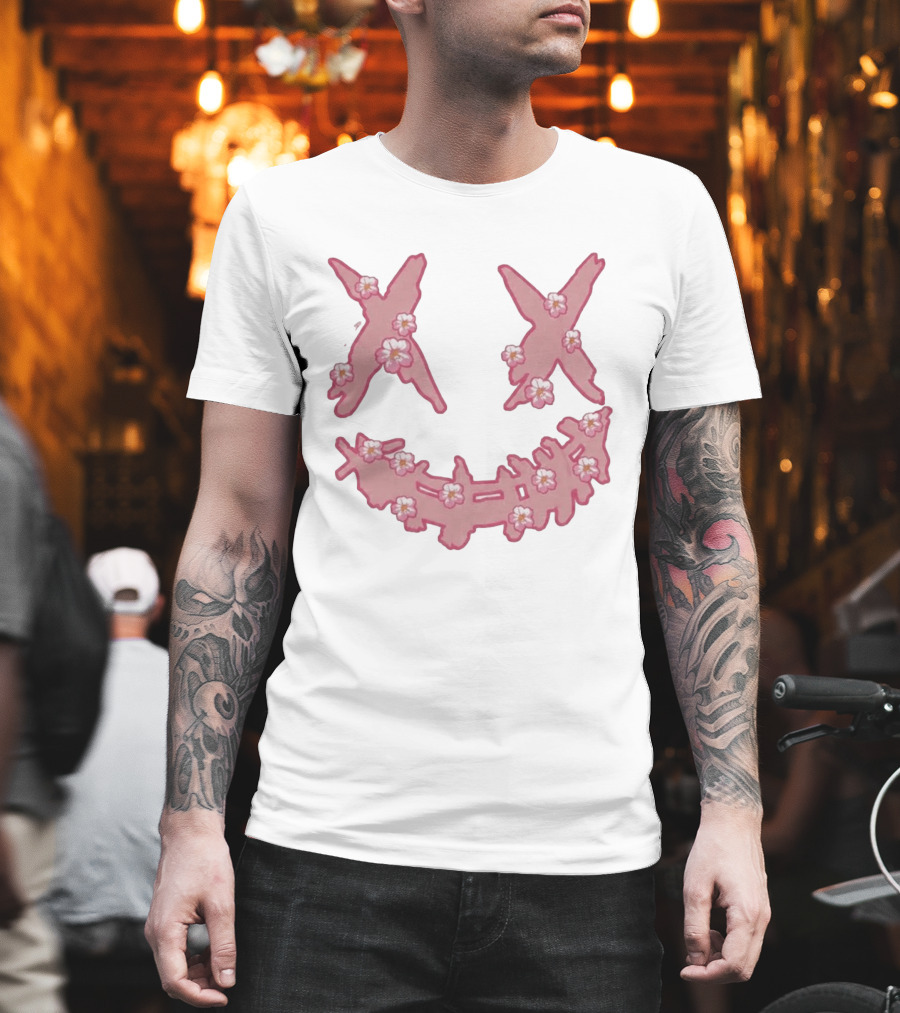 Kaos Ric Ricky Is Clown Sakura Pink Embroidery With Floral X Smiley T-Shirt