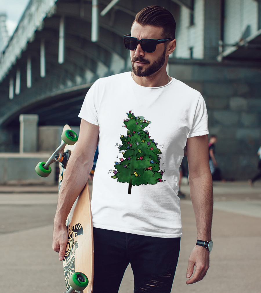 Colorful Singing Birds In Evergreen Tree With Musical Notes T-Shirt