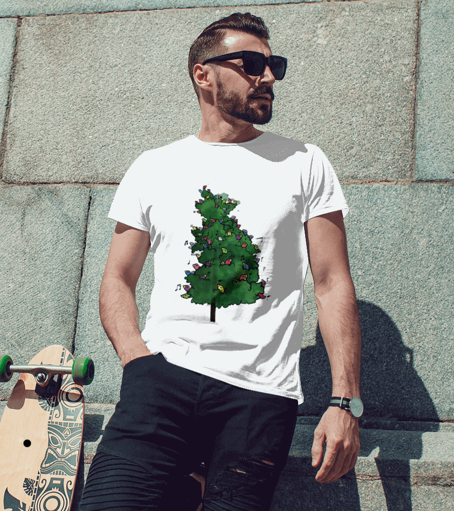 Colorful Singing Birds In Evergreen Tree With Musical Notes T-Shirt