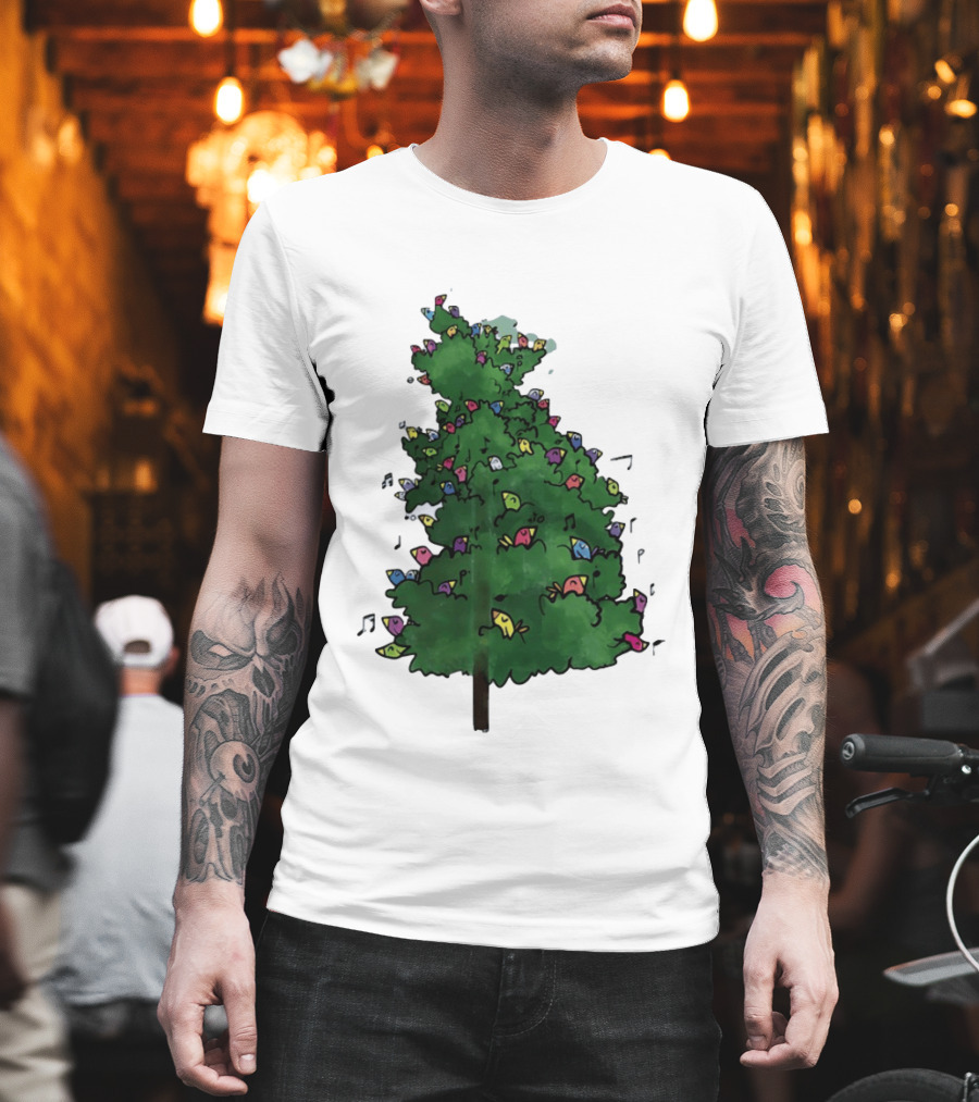 Colorful Singing Birds In Evergreen Tree With Musical Notes T-Shirt