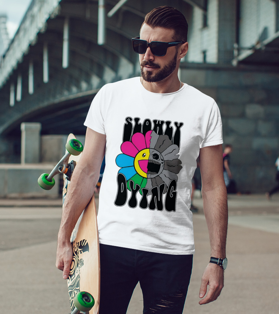 Slowly Dying Colorful Flower Skull Dark Half Happy Half Grim T-Shirt