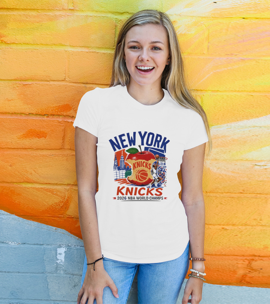 New York Knicks 2026 NBA World Champs Skyline Apple Basketball T-Shirt