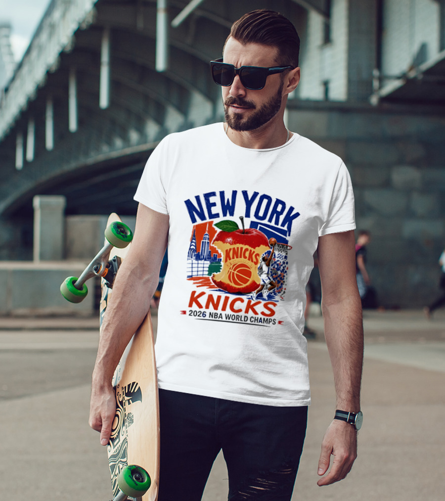 New York Knicks 2026 NBA World Champs Skyline Apple Basketball T-Shirt