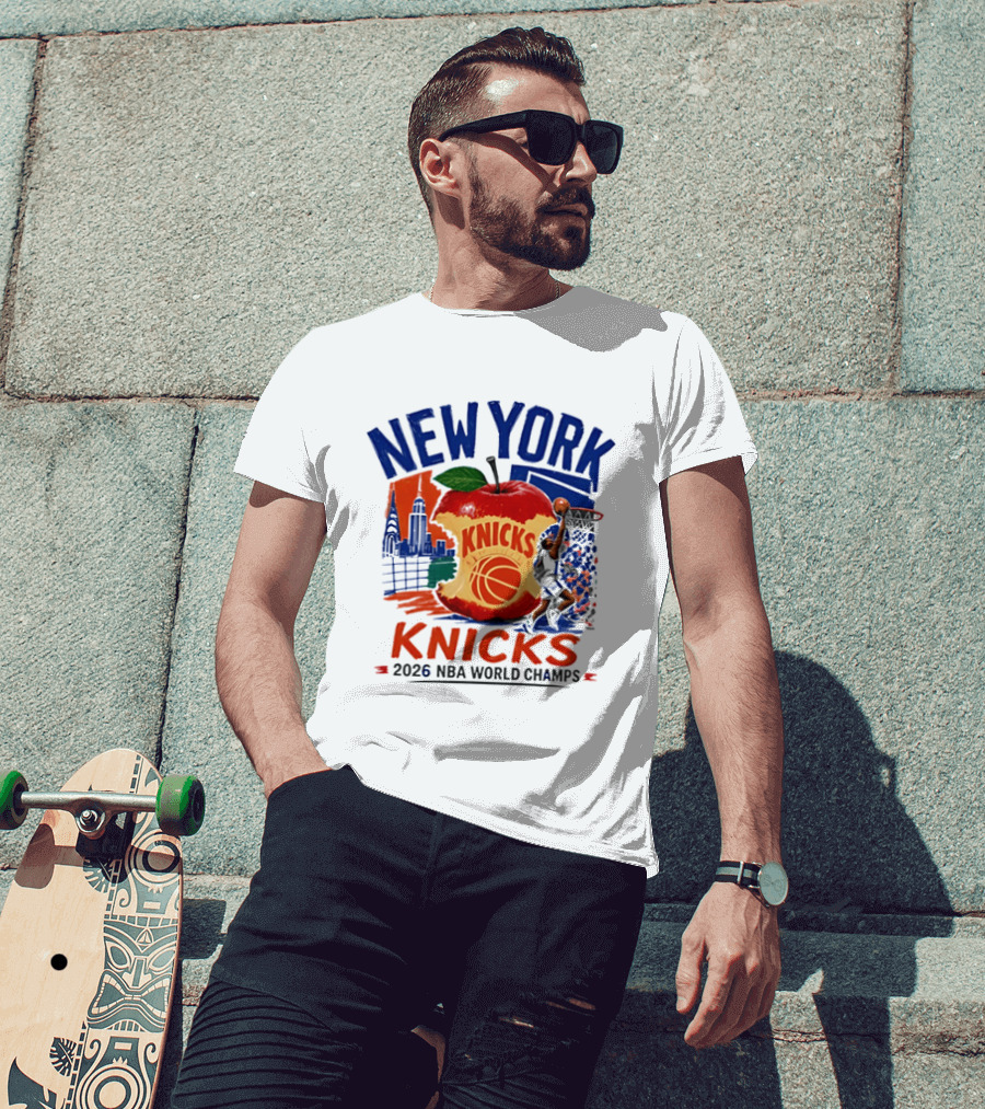 New York Knicks 2026 NBA World Champs Skyline Apple Basketball T-Shirt