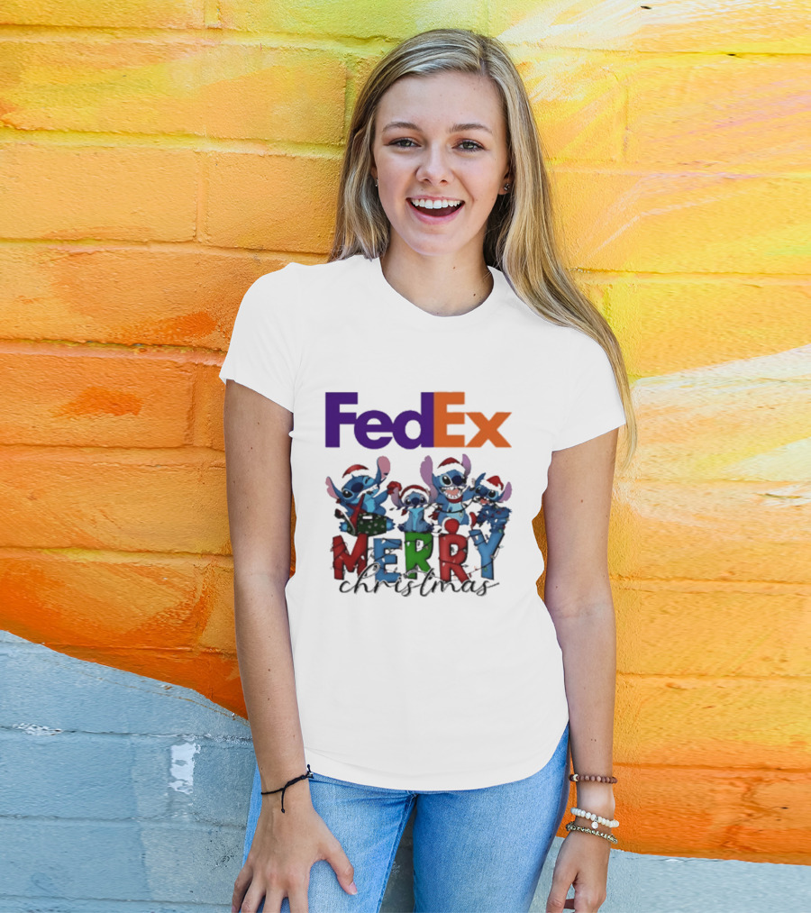 FedEx Stitch Merry Christmas 2025 Characters In Santa Hats T-Shirt