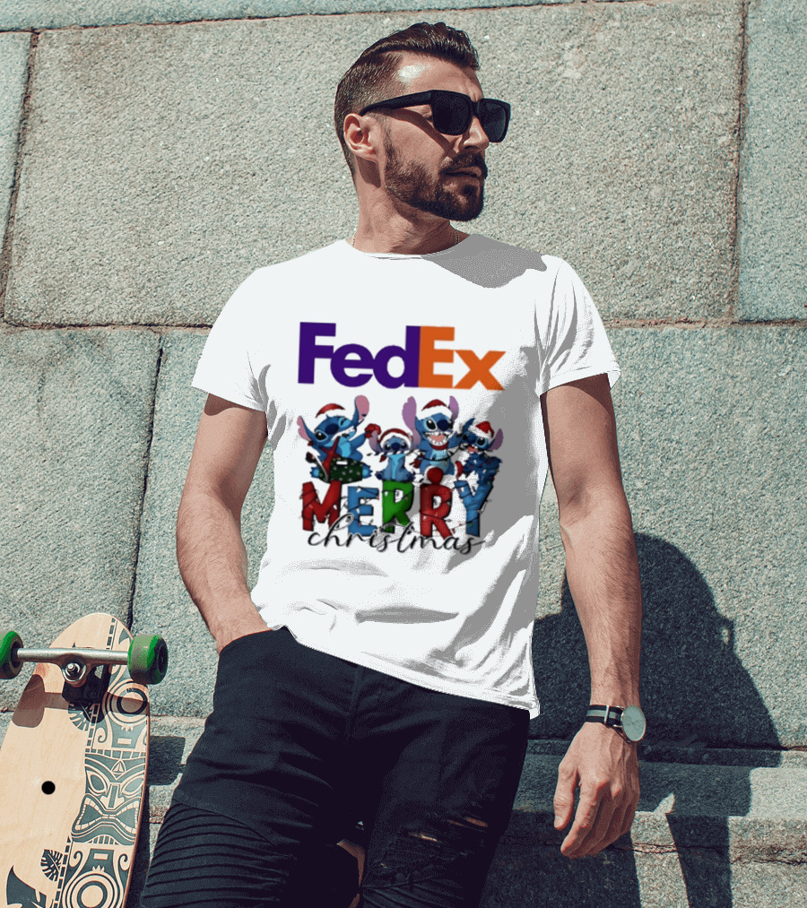 FedEx Stitch Merry Christmas 2025 Characters In Santa Hats T-Shirt