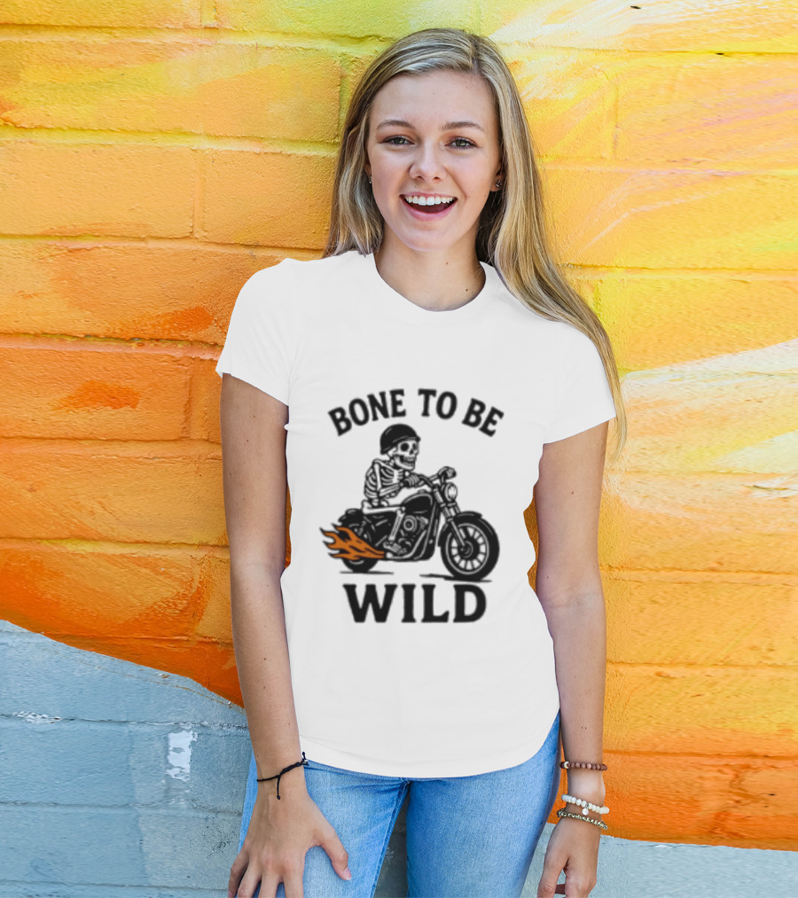 Bone To Be Wild Skeleton Motorcycle Rider Flames T-Shirt