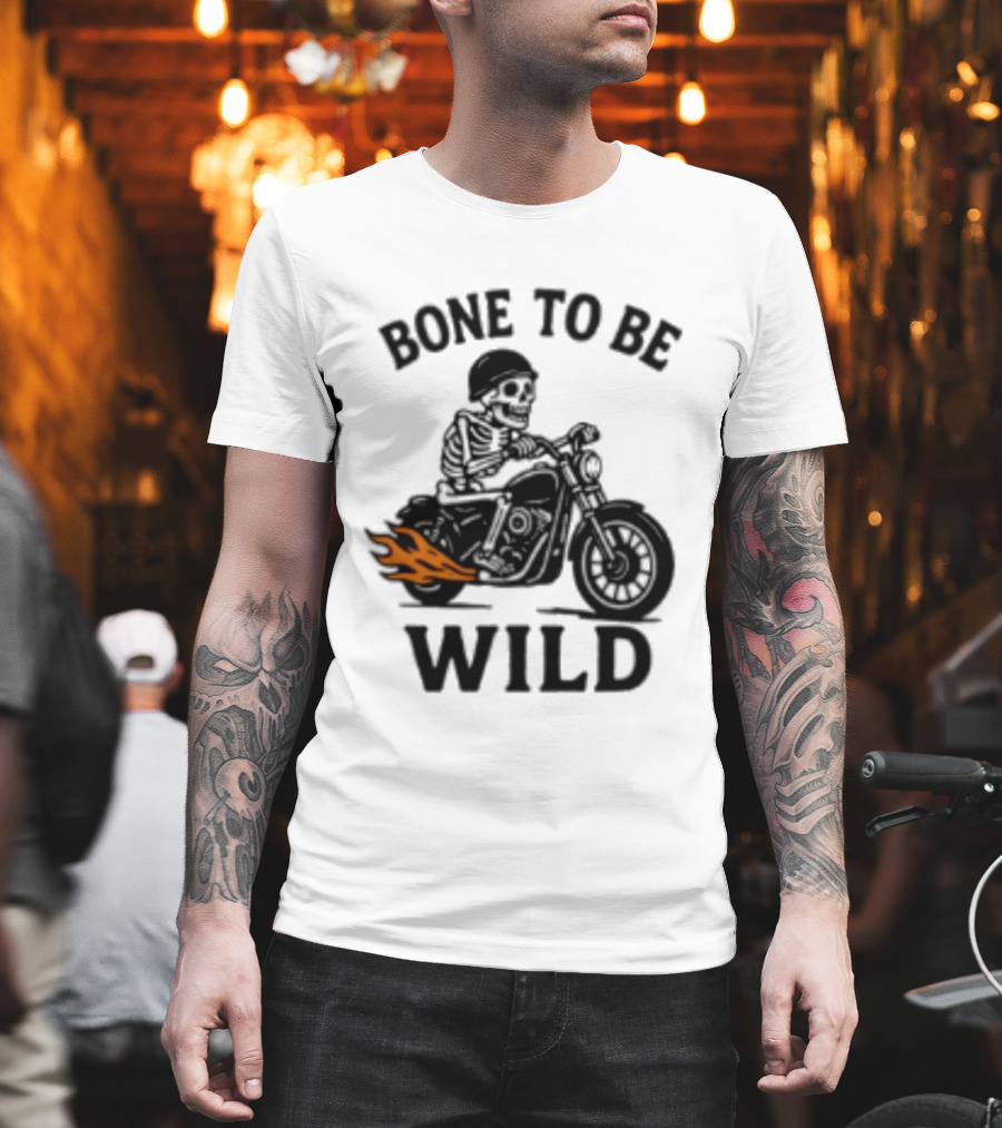 Bone To Be Wild Skeleton Motorcycle Rider Flames T-Shirt
