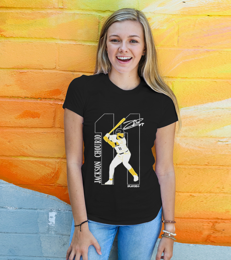 Jackson Chourio Brewers 11 Batting Pose Signature T-Shirt