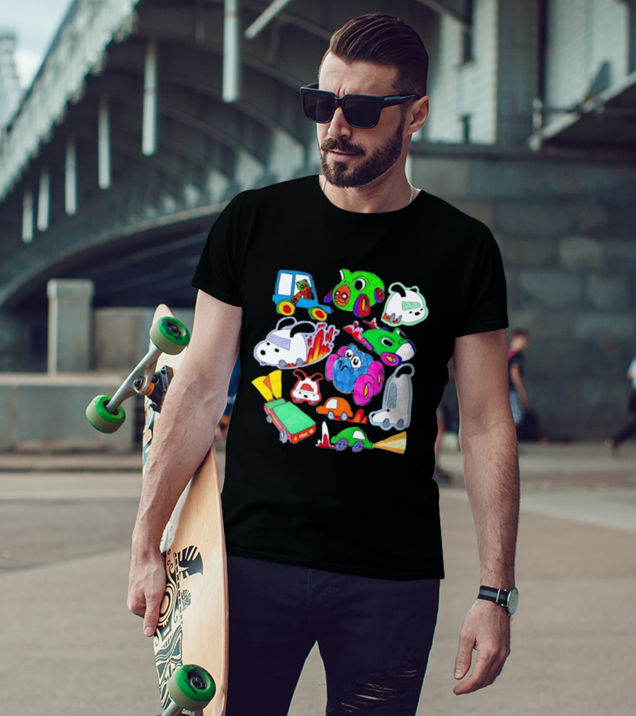 Colorful Cartoon Animal Toy Cars With Rocket Exhaust And Flames Racing Sketch T-Shirt