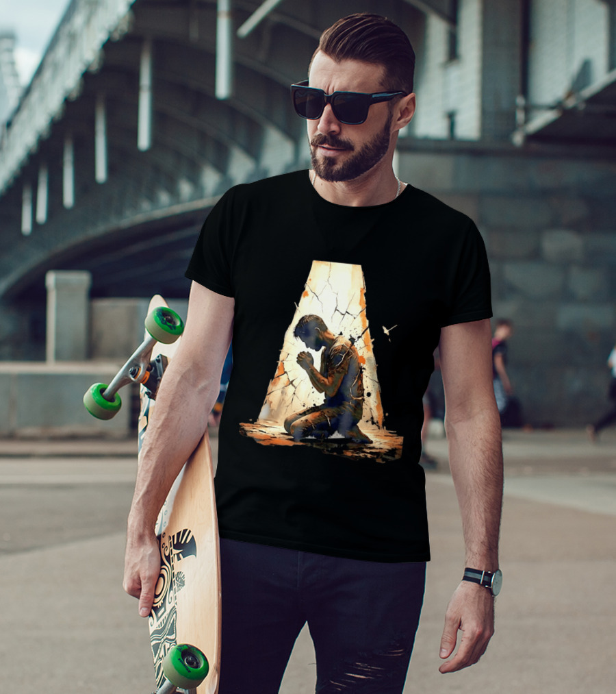 Man Kneeling In Prayer Spiritual Faith Devotion Cracked Wall And Light T-Shirt