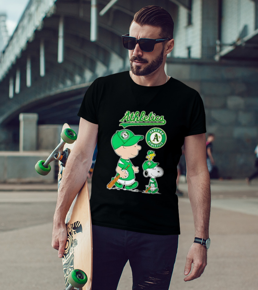 Oakland Athletics MLB Charlie Brown Snoopy Woodstock Baseball Peanuts Characters T-Shirt