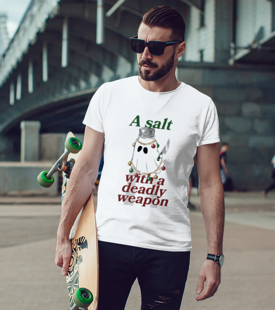 A Salt With A Deadly Weapon Ghost Christmas Lights Knife Humor T-Shirt