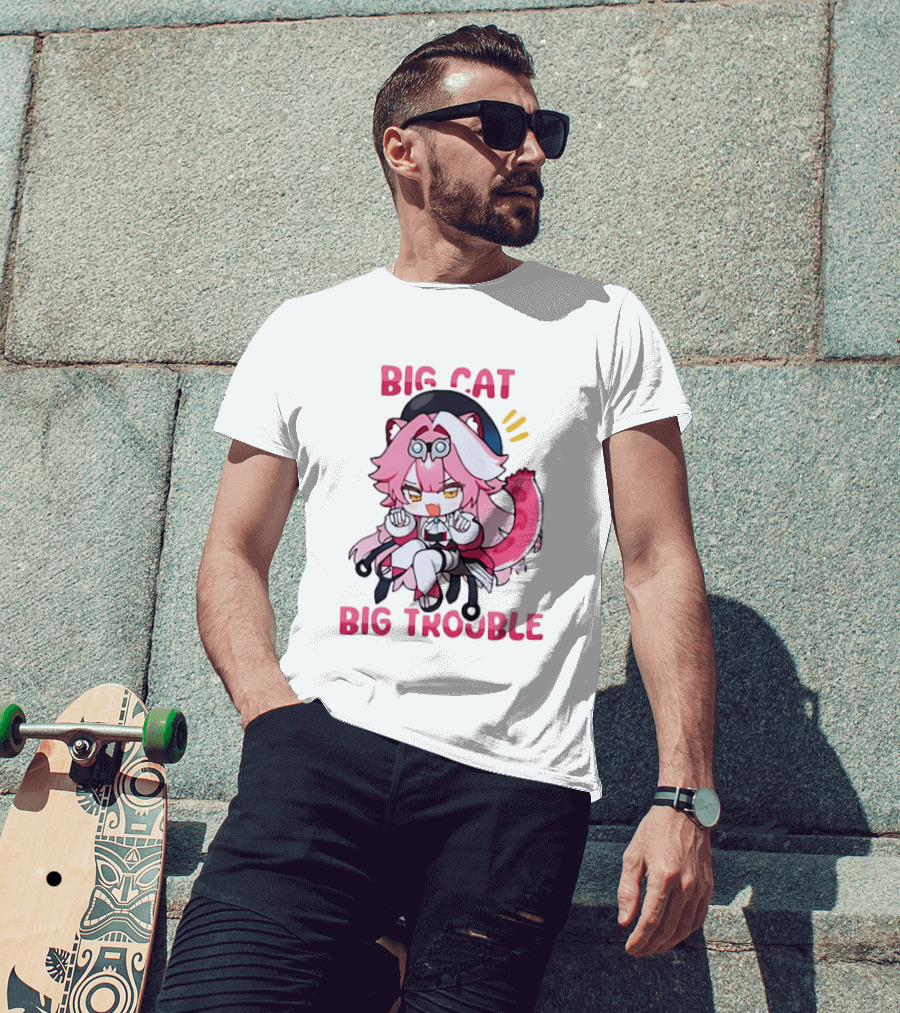 Big Cat Big Trouble Chibi Character With Pink Hair And Tail T-Shirt
