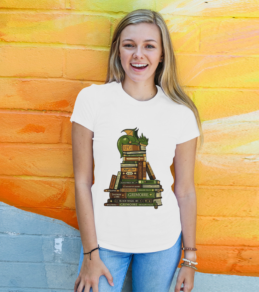 Dragon Resting On RPG Fantasy Grimoire Magic Books Stack T-Shirt