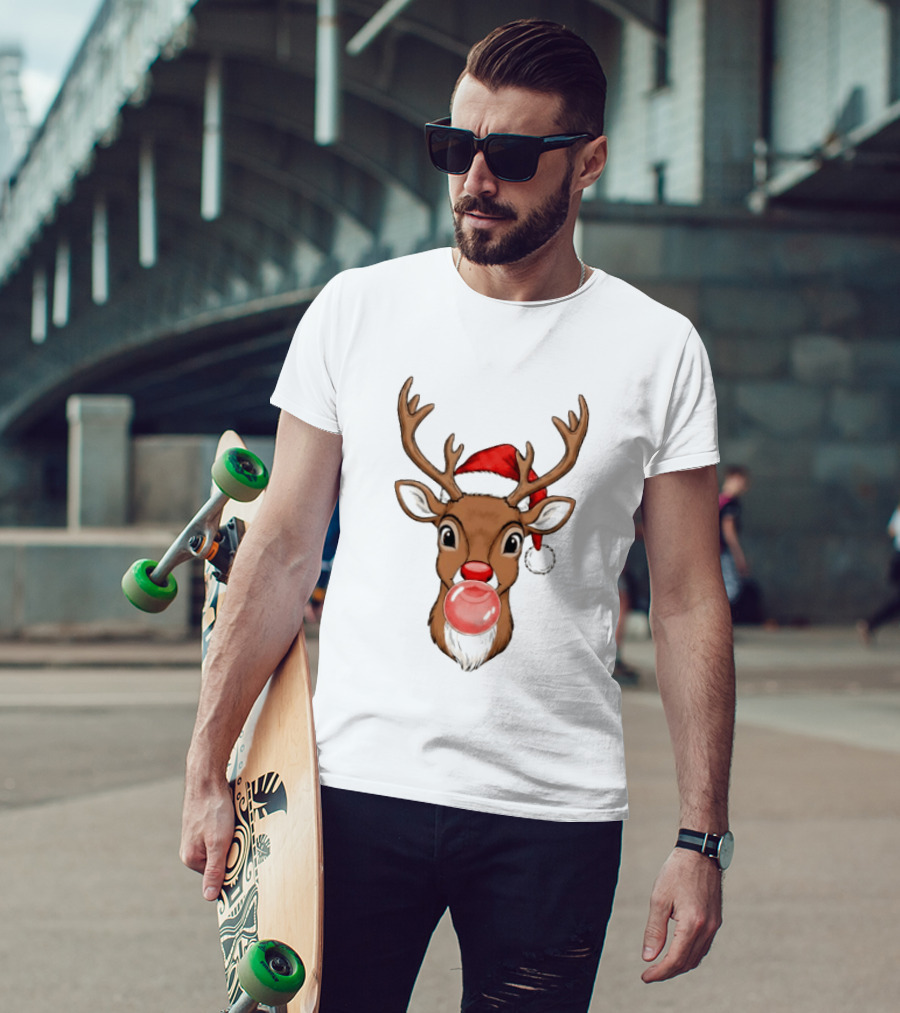 Merry Christmas Reindeer Santa Hat Bubble Gum Red Nose T-Shirt