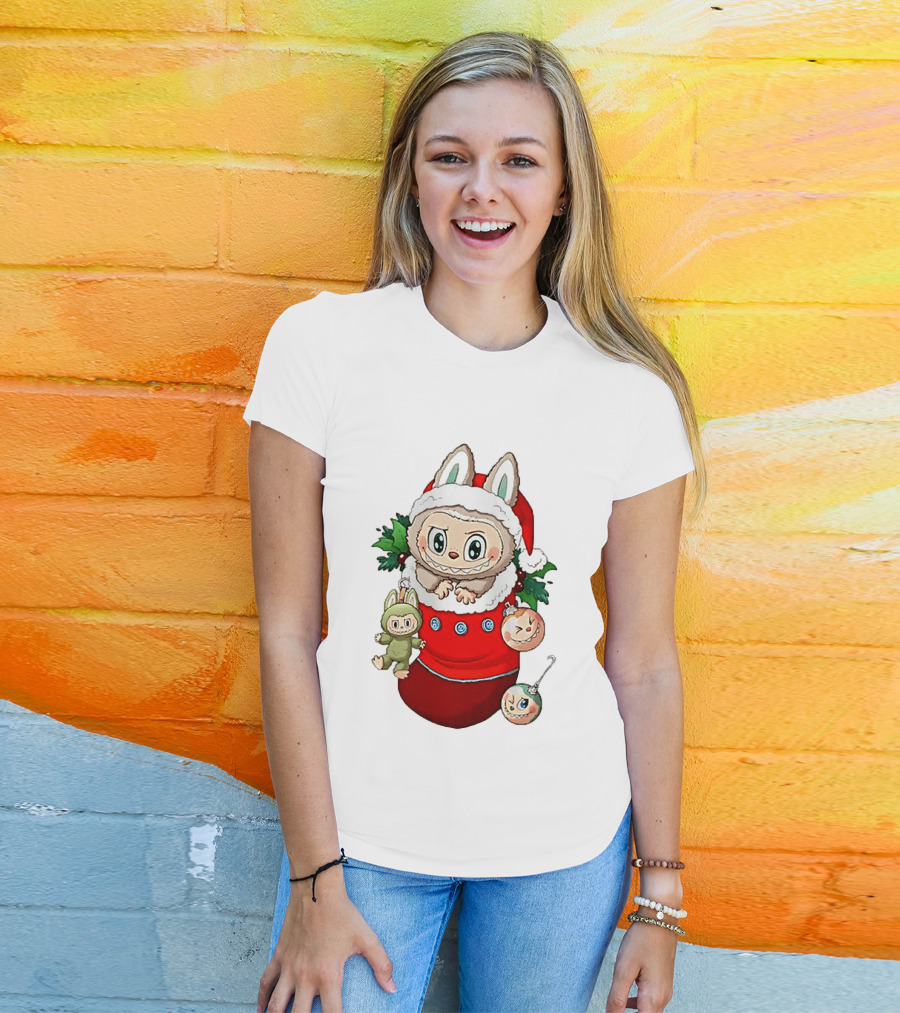 Stocking Stuffer Labubu Christmas Santa Hat Holly Ornaments T-Shirt