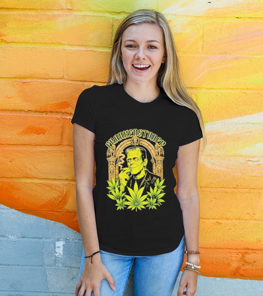 Frankenstoner Frankenstein Marijuana Smoking Arch Skulls T-Shirt
