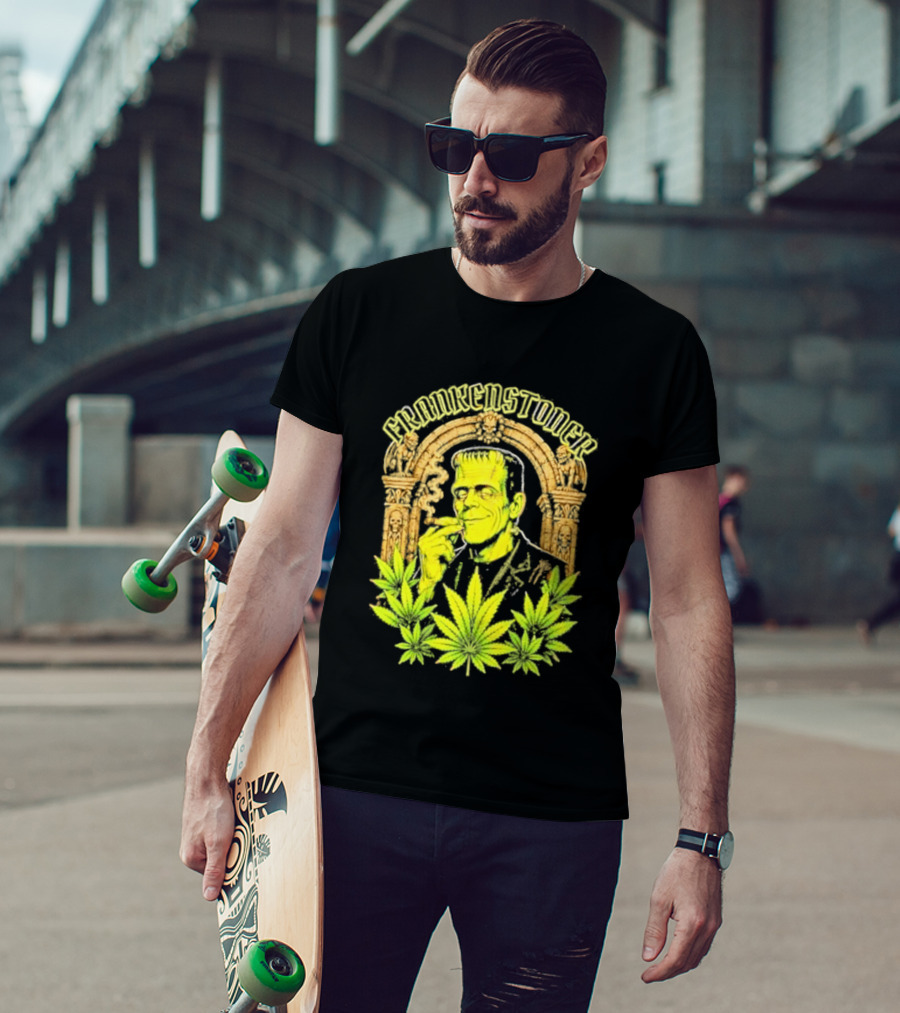 Frankenstoner Frankenstein Marijuana Smoking Arch Skulls T-Shirt