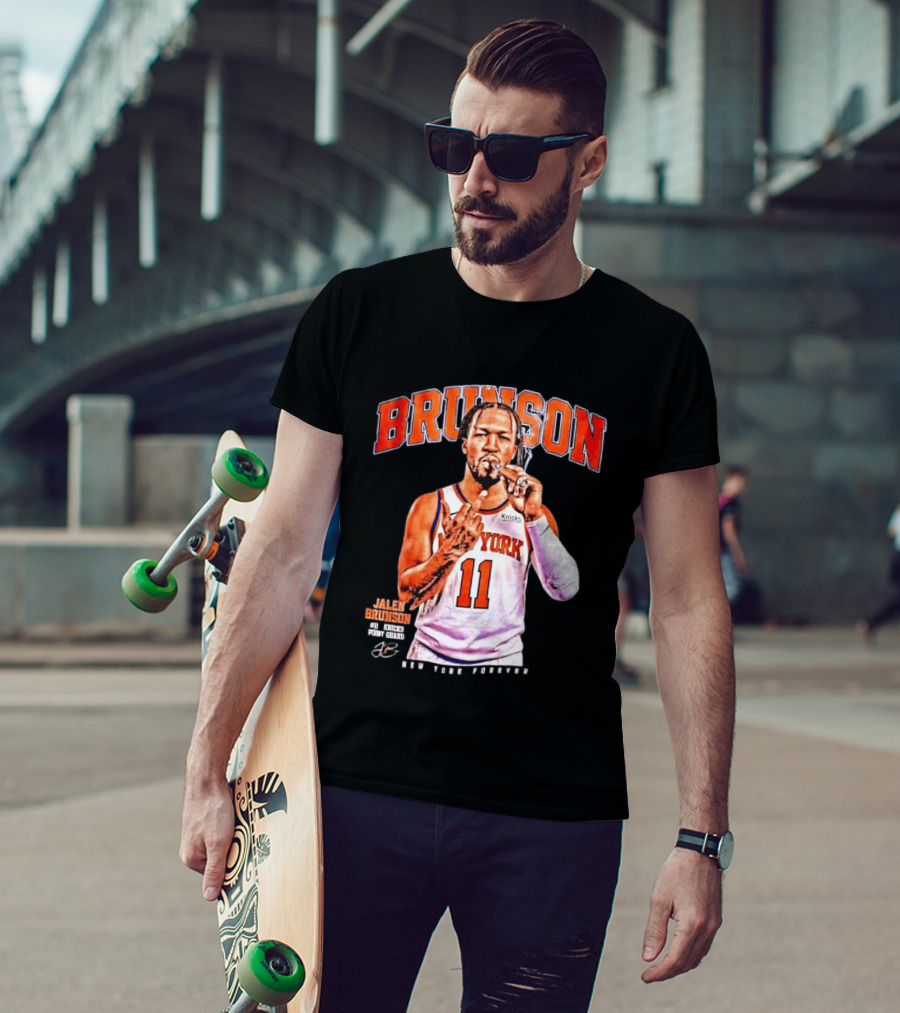 Jalen Brunson Middle Finger New York Knicks NBA Point Guard Brunson 11 Old Yolk Records Knicks T-Shirt