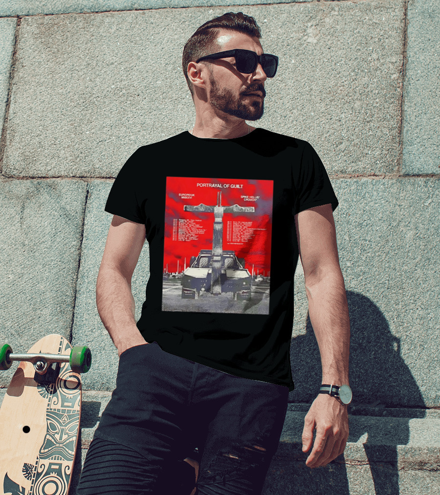 Portrayal Of Guilt Europe UK MMXXVI Spike Hellis Crouch Oathbreaker Tour Dates Tire Tracks Industrial Red T-Shirt