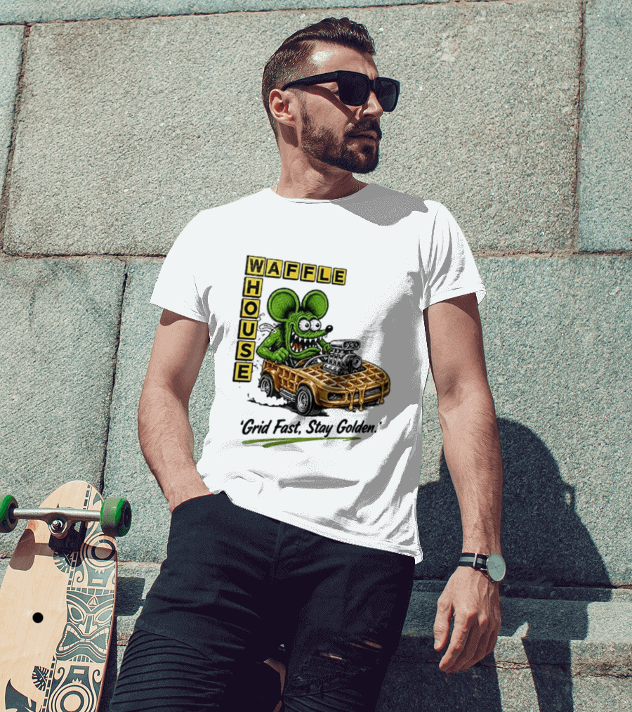 Rat Fink Waffle House Grid Fast Stay Golden Car Racer T-Shirt