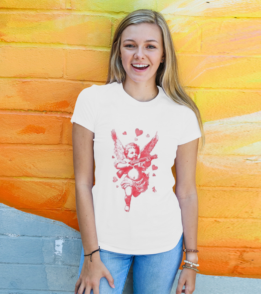 Red Pink Cherub Cupid Shotgun Hearts Clouds T-Shirt