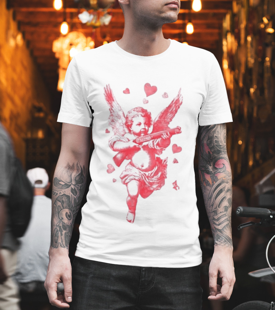 Red Pink Cherub Cupid Shotgun Hearts Clouds T-Shirt