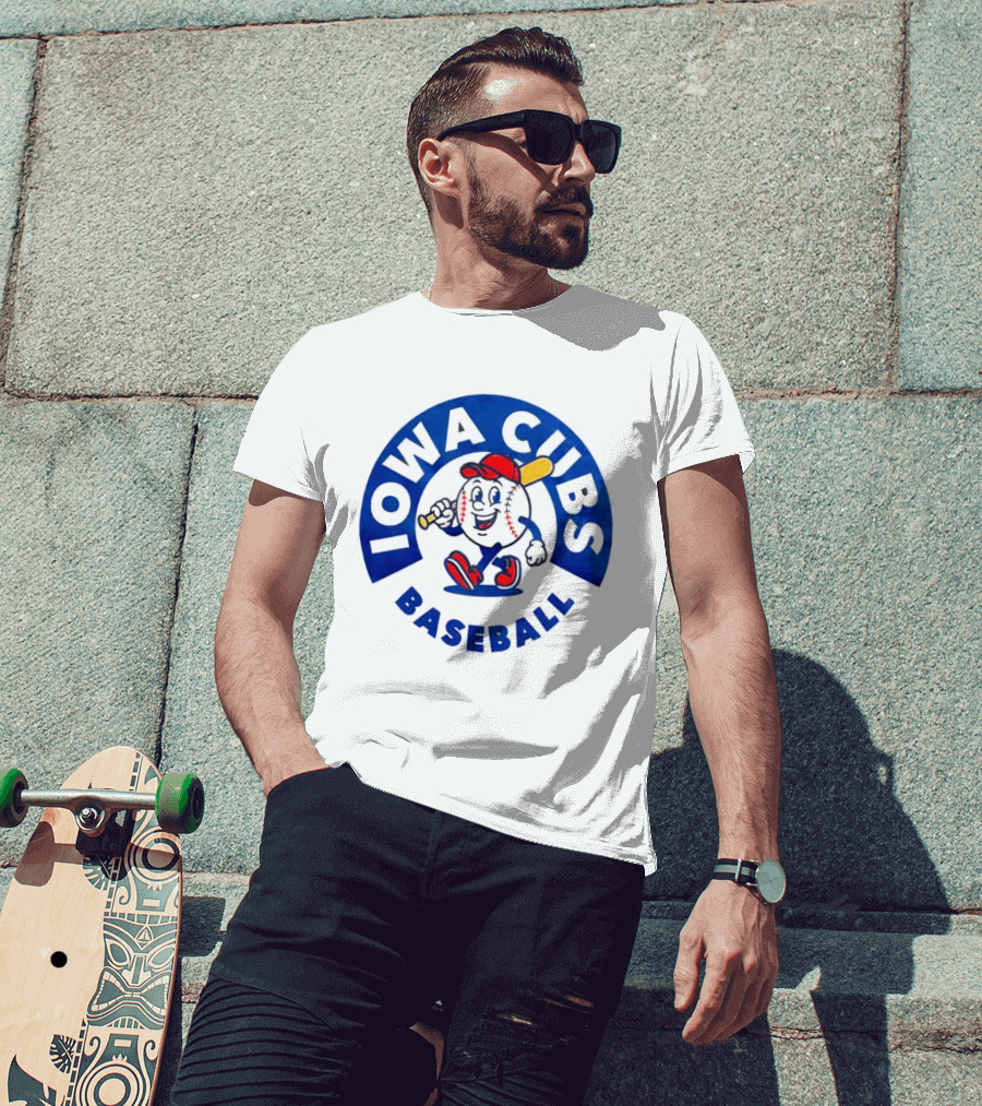 Iowa Cubs MLB Baseball Cartoon Walking Ball Bat Red Cap T-Shirt