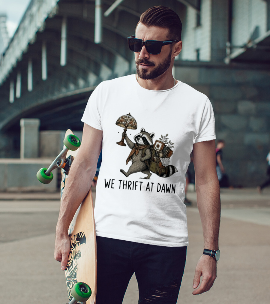 Raccoon With Backpack And Lamp We Thrift At Dawn T-Shirt