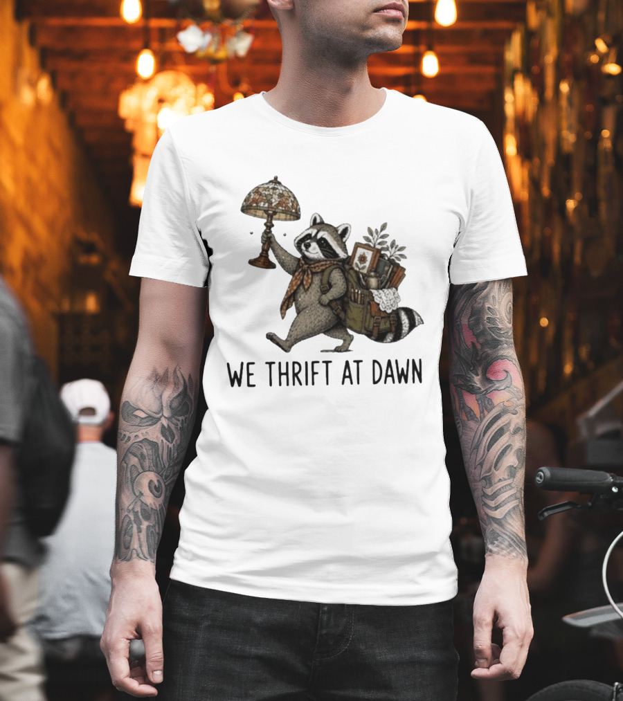 Raccoon With Backpack And Lamp We Thrift At Dawn T-Shirt