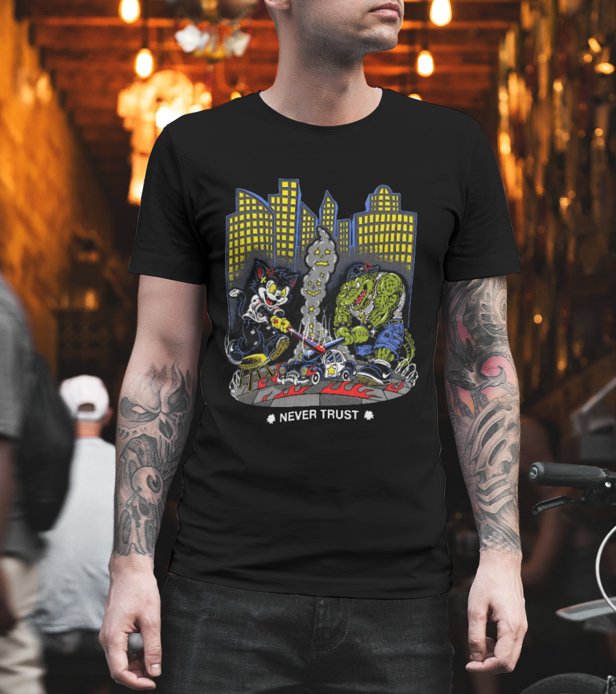 Cat And Crocodile In City Never Trust Police Car Cartoon Scene T-Shirt