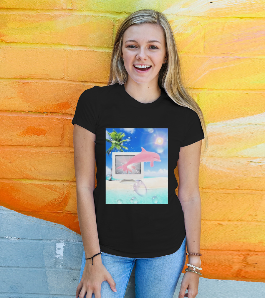 Frutiger Aero Y2k Vaporwave Palm Tree Pink Dolphin Cyberpunk Aesthetic T-Shirt