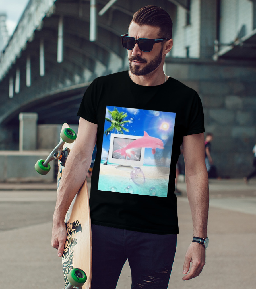 Frutiger Aero Y2k Vaporwave Palm Tree Pink Dolphin Cyberpunk Aesthetic T-Shirt