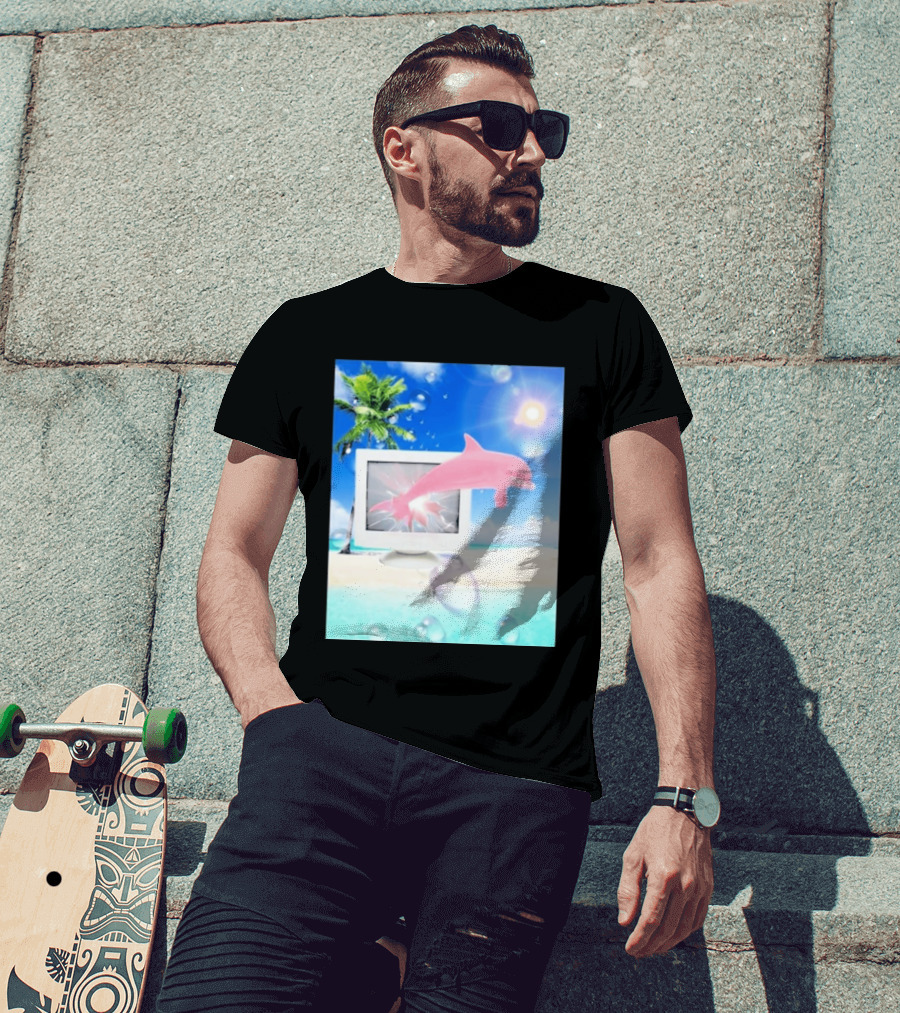 Frutiger Aero Y2k Vaporwave Palm Tree Pink Dolphin Cyberpunk Aesthetic T-Shirt