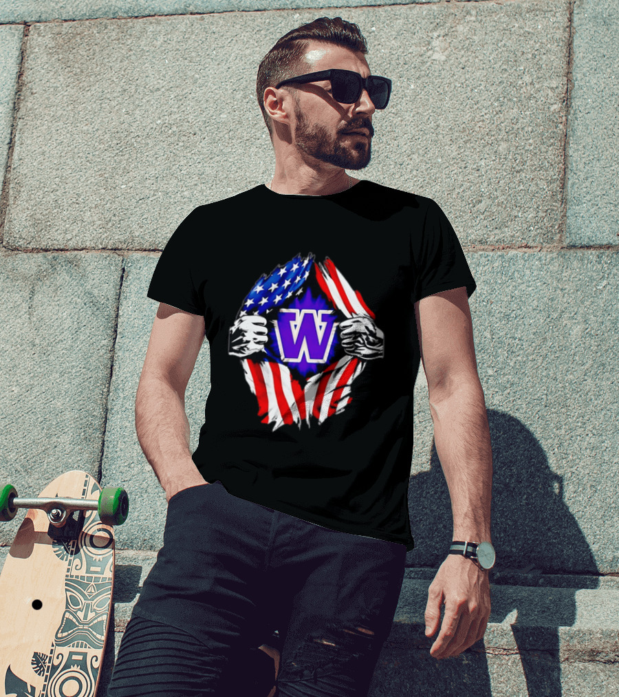 Washington Huskies W Logo American Flag Ripped Chest T-Shirt