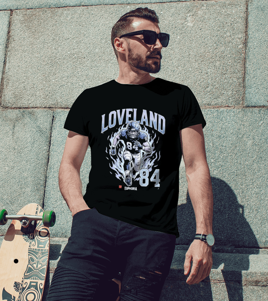 Loveland 84 Euphoria Football Player Blue Flames Athletic T-Shirt