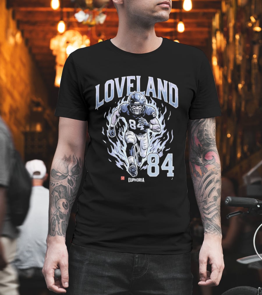 Loveland 84 Euphoria Football Player Blue Flames Athletic T-Shirt