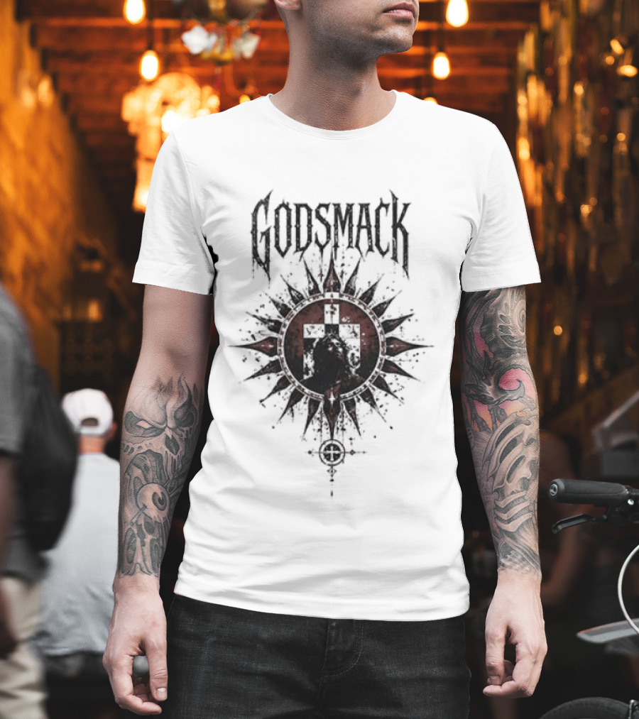 Godsmack X Jesus I Stand Before God Not Perfect Just Forgiven Christian Rock Cross Sun T-Shirt